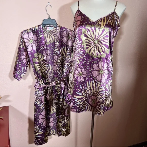 Vintage retro Asian floral royal purple green satin mini slip dress Robe set - Picture 4 of 16